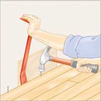 Illustration of a man’s hand, nailing and inserting a final strip with a pry bar.