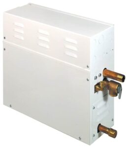 Steamist steam generator with external outlets and valve over a white background.